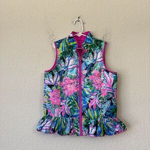 LILLY PULITZER Melanie Vest Jacket Pink Floral Down Quilted Reversible